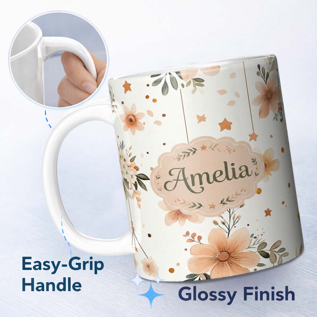 Personalized Custom Name Boho Stars Floral Hanging Elements Seamless Pattern Name Cute 11oz Ceramic Coffee Tea Mug White Large Handle