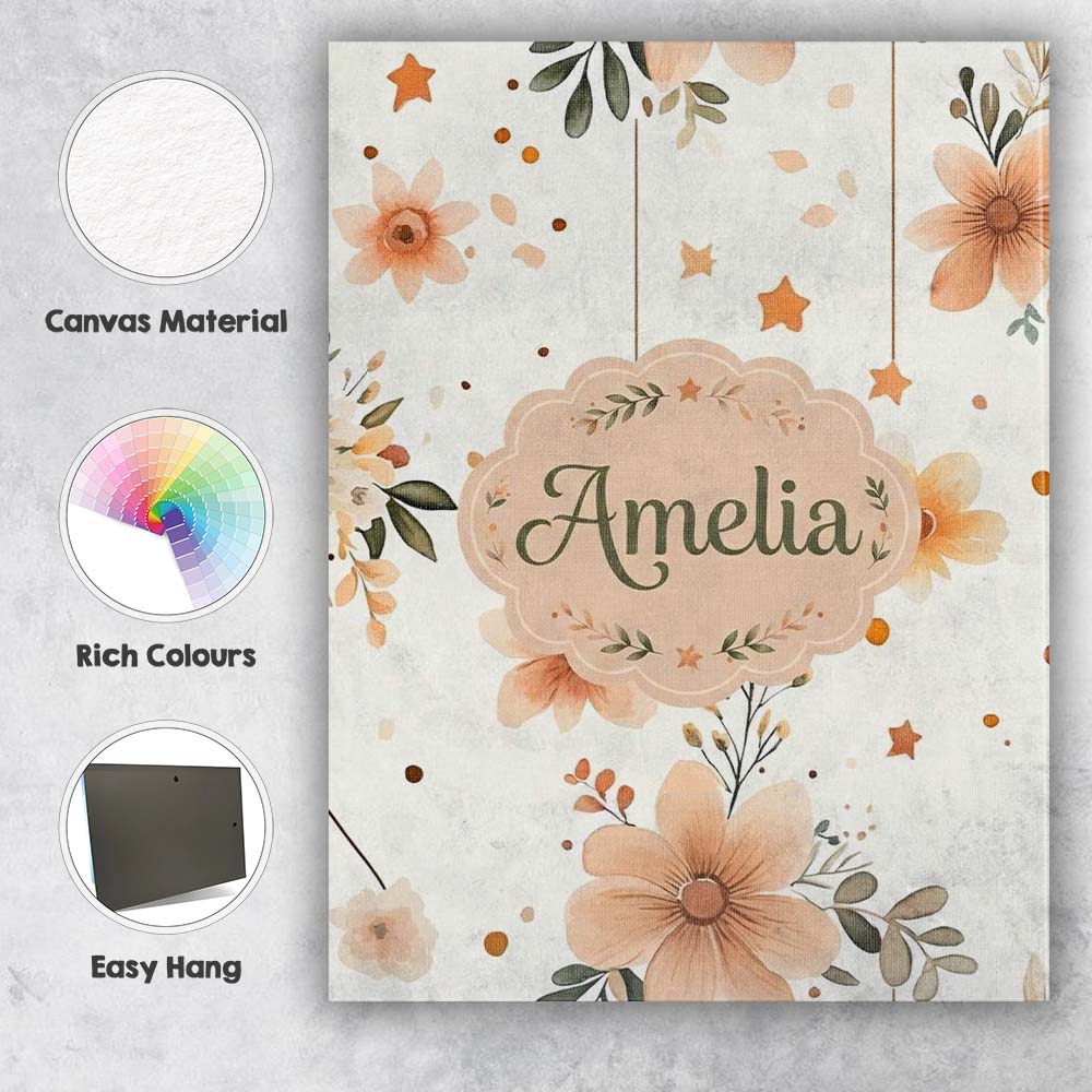 Personalised Name Boho Stars Floral Hanging Custom  Bespoke Interior Contemporary Canvas Wall Art Print Decor Picture Ready to Hang