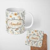 Personalized Custom Name Cute Giraffe Floral Nursery Seamless Pattern Name Unique Gift Lovely 11oz Ceramic Coffee Tea Mug White Large Handle