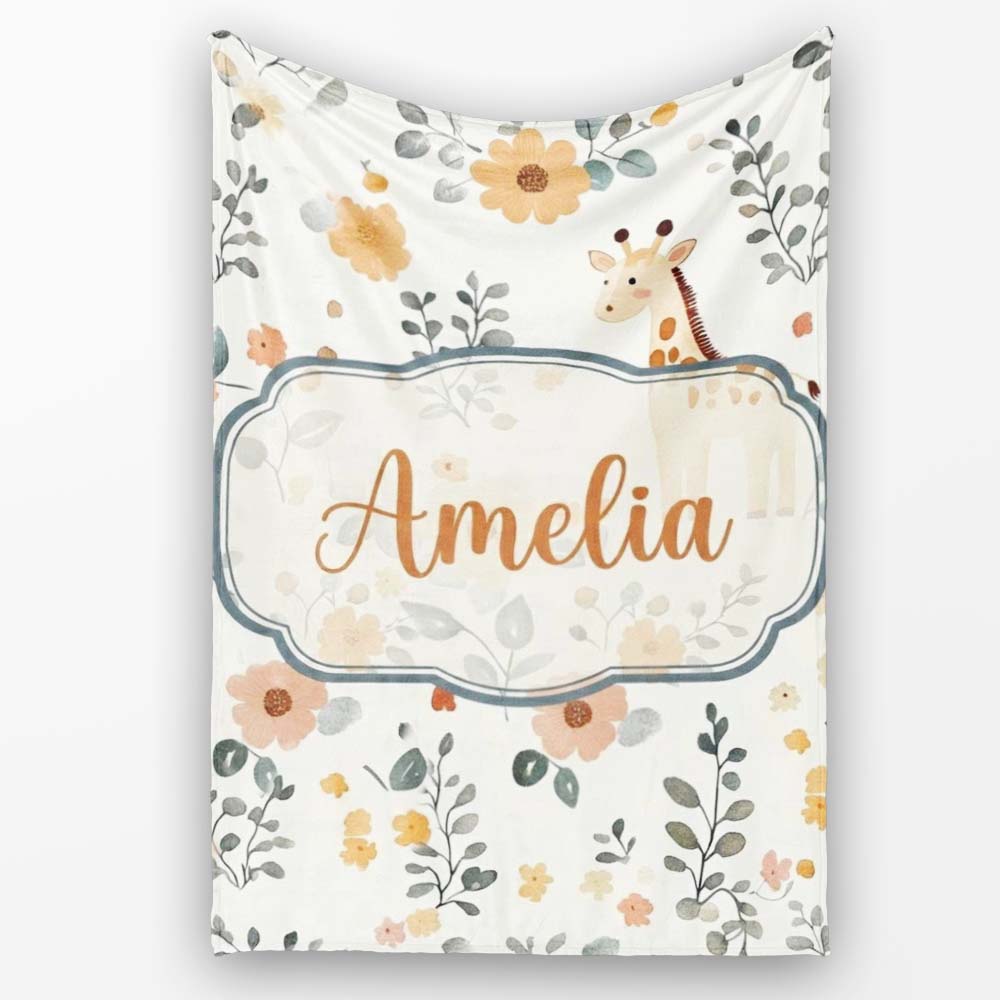 Cute Giraffe Floral Nursery Seamless Pattern Name Unique Gift Lovely  Personalised Custom Name Super Soft Fleece Blanket Bed Sofa Throw