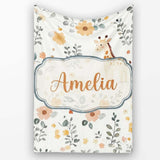 Cute Giraffe Floral Nursery Seamless Pattern Name Unique Gift Lovely  Personalised Custom Name Super Soft Fleece Blanket Bed Sofa Throw