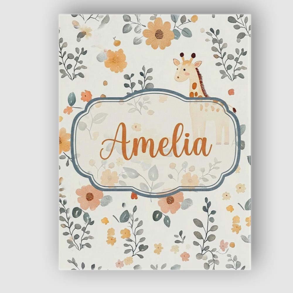 Personalised Name Cute Giraffe Floral Custom Modern Room Accent Creative Decorator Style Canvas Wall Art Print Decor Picture Ready to Hang