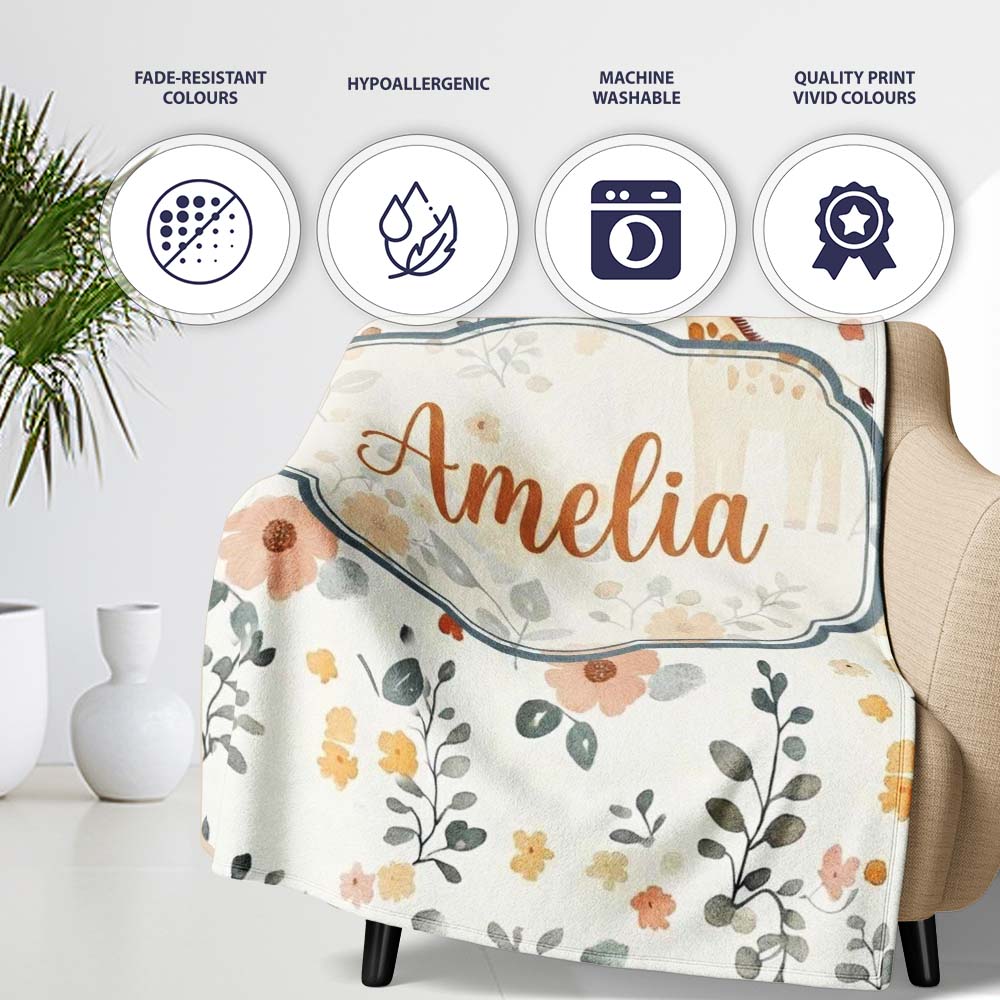 Cute Giraffe Floral Nursery Seamless Pattern Name Unique Gift Lovely  Personalised Custom Name Super Soft Fleece Blanket Bed Sofa Throw