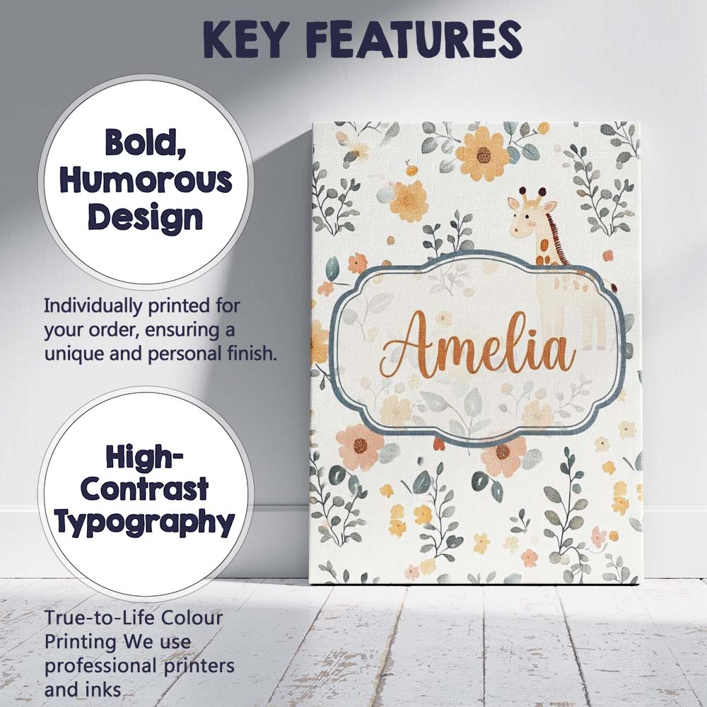 Personalised Name Cute Giraffe Floral Custom Modern Room Accent Creative Decorator Style Canvas Wall Art Print Decor Picture Ready to Hang