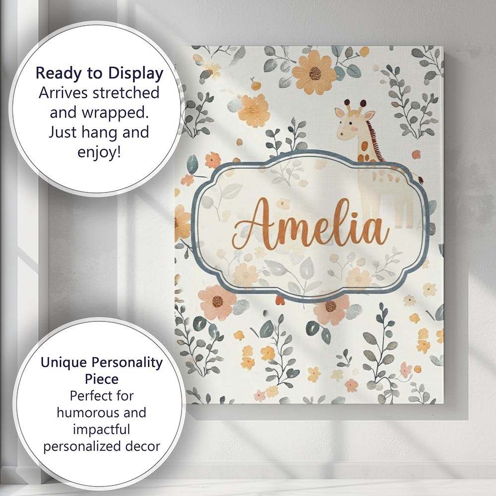 Personalised Name Cute Giraffe Floral Custom Modern Room Accent Creative Decorator Style Canvas Wall Art Print Decor Picture Ready to Hang