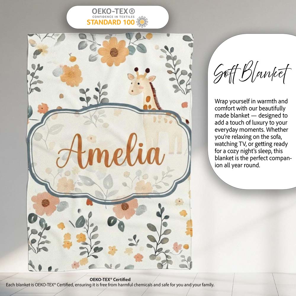 Cute Giraffe Floral Nursery Seamless Pattern Name Unique Gift Lovely  Personalised Custom Name Super Soft Fleece Blanket Bed Sofa Throw