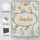 Personalised Name Cute Giraffe Floral Custom Modern Room Accent Creative Decorator Style Canvas Wall Art Print Decor Picture Ready to Hang