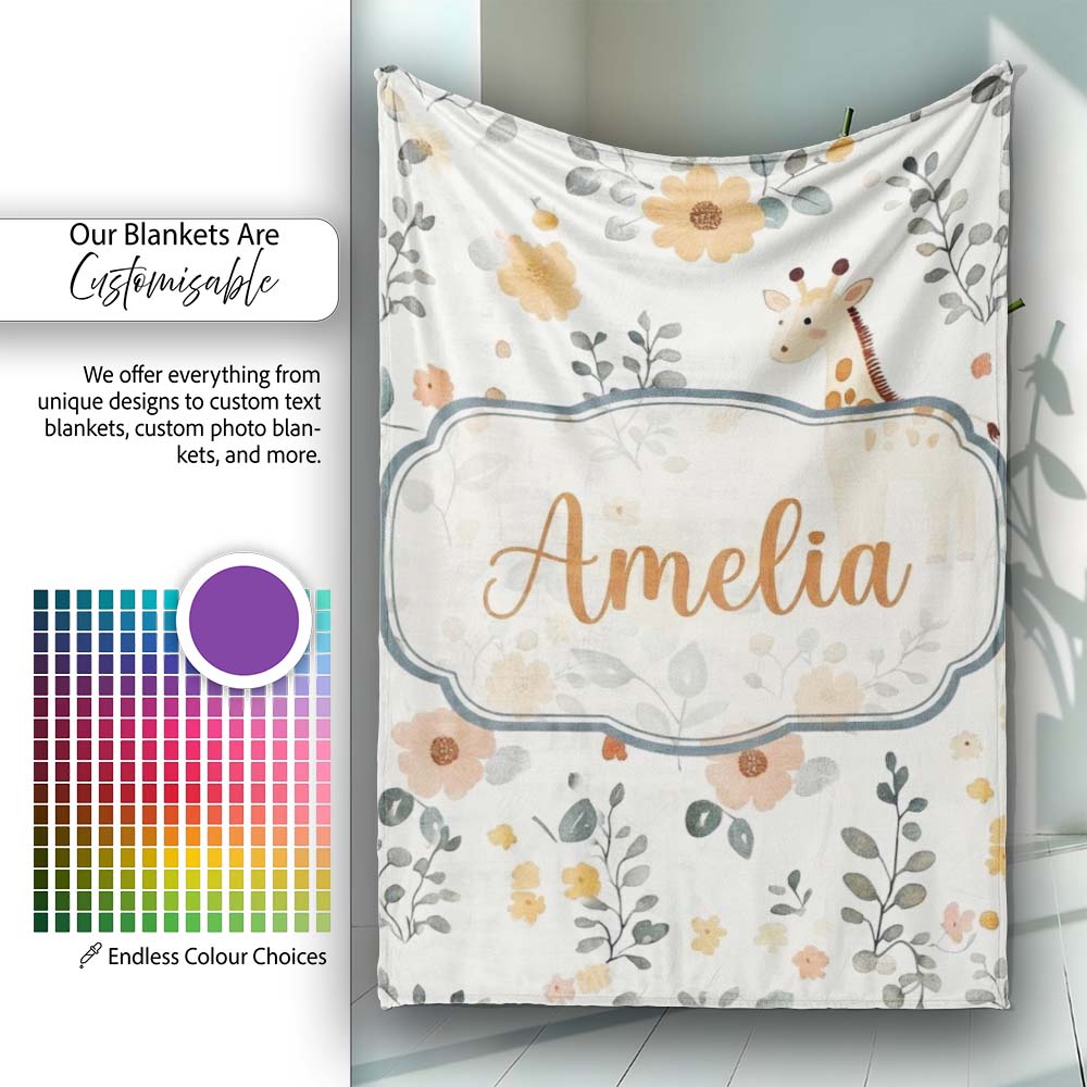 Cute Giraffe Floral Nursery Seamless Pattern Name Unique Gift Lovely  Personalised Custom Name Super Soft Fleece Blanket Bed Sofa Throw