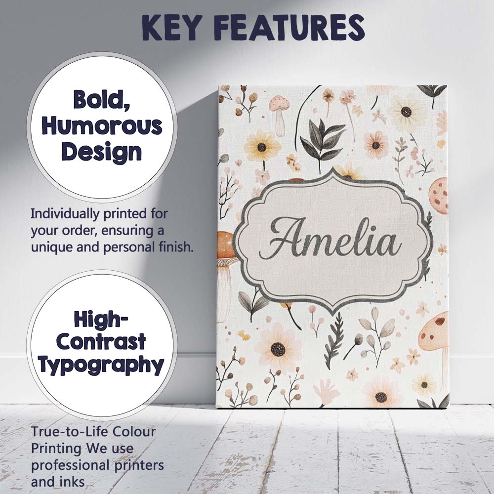 Personalised Name Neutral Mushroom Botanical Custom Bespoke  Contemporary Display Canvas Wall Art Print Decor Picture Ready to Hang