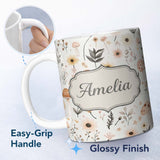 Personalized Custom Name Neutral Mushroom Botanical Seamless Pattern Name Cute Unique Gift 11oz Ceramic Coffee Tea Mug White Large Handle