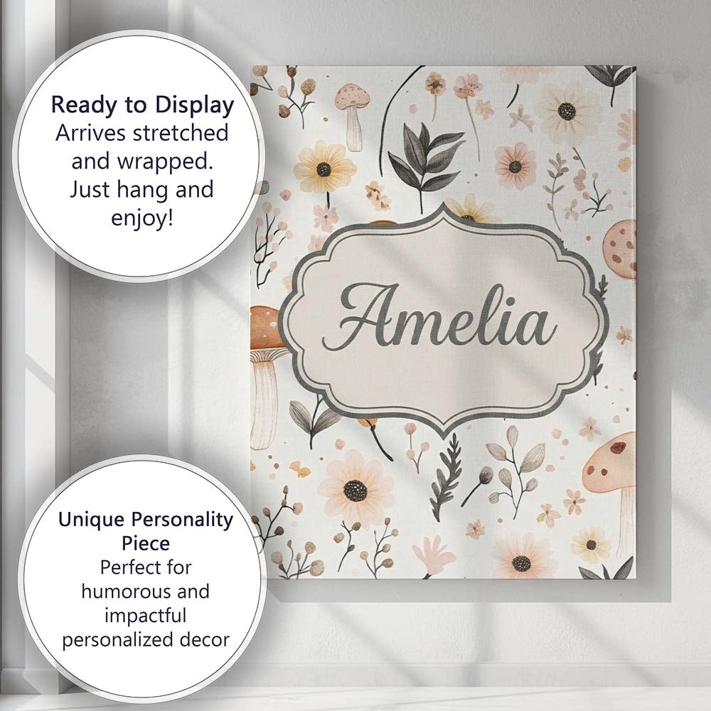 Personalised Name Neutral Mushroom Botanical Custom Bespoke  Contemporary Display Canvas Wall Art Print Decor Picture Ready to Hang
