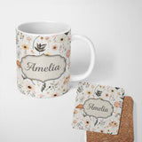 Personalized Custom Name Moon Stars Floral Dreamy Seamless Pattern Name Cute Unique Gift 11oz Ceramic Coffee Tea Mug White Large Handle