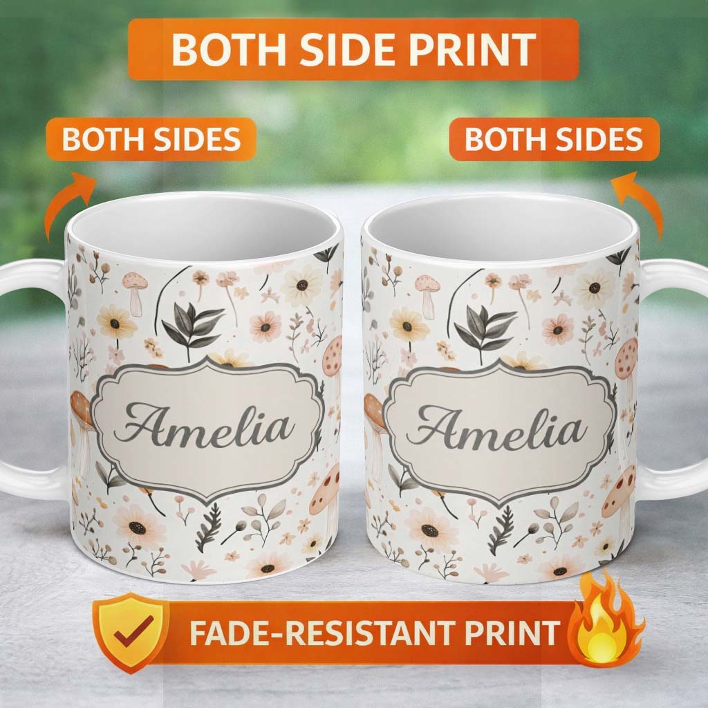 Personalized Custom Name Moon Stars Floral Dreamy Seamless Pattern Name Cute Unique Gift 11oz Ceramic Coffee Tea Mug White Large Handle