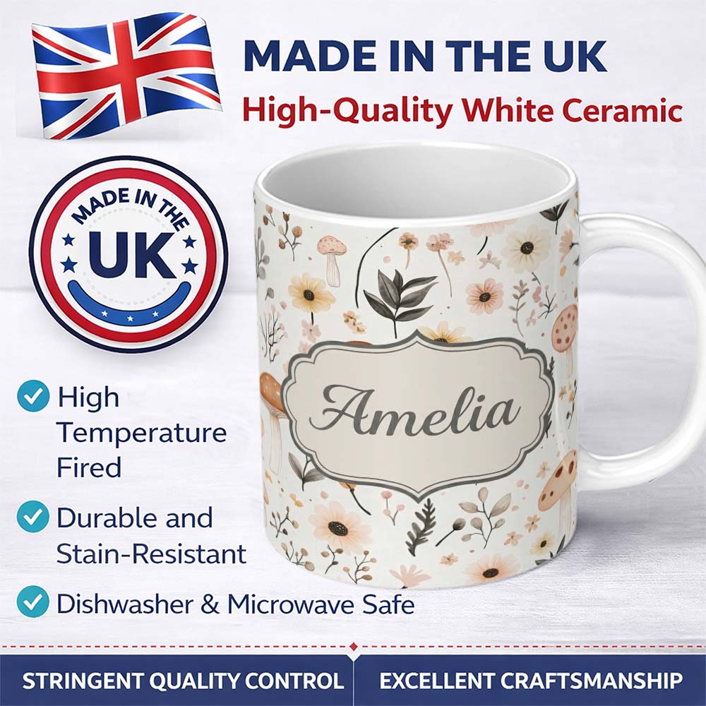 Personalized Custom Name Moon Stars Floral Dreamy Seamless Pattern Name Cute Unique Gift 11oz Ceramic Coffee Tea Mug White Large Handle