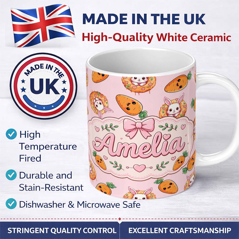 Personalized Custom Name Cute Easter Bunny Carrot Donut Hearts Seamless Pattern Blush Pink 11oz Ceramic Coffee Tea Mug White Large Handle