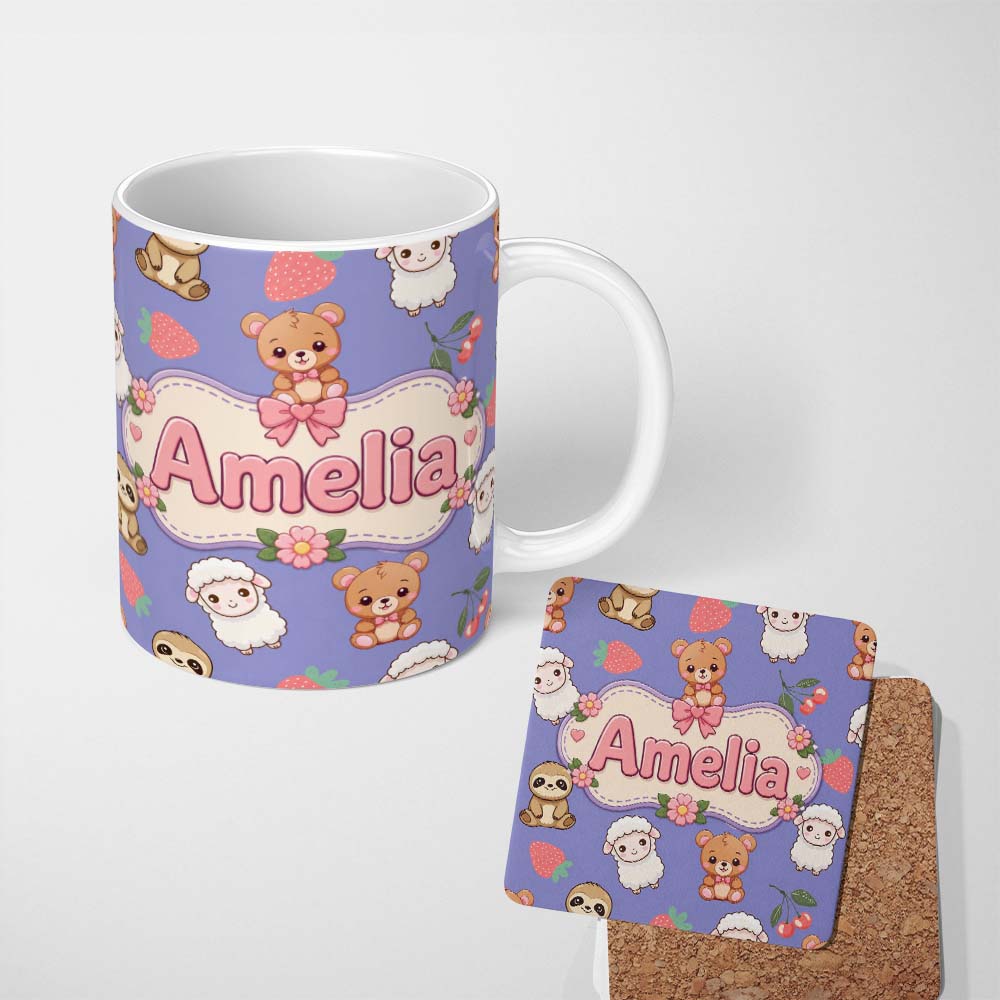 Personalized Custom Name Cute Bear Sloth Lamb Cherry Strawberry Seamless Pattern on Lavender 11oz Ceramic Coffee Tea Mug White Large Handle