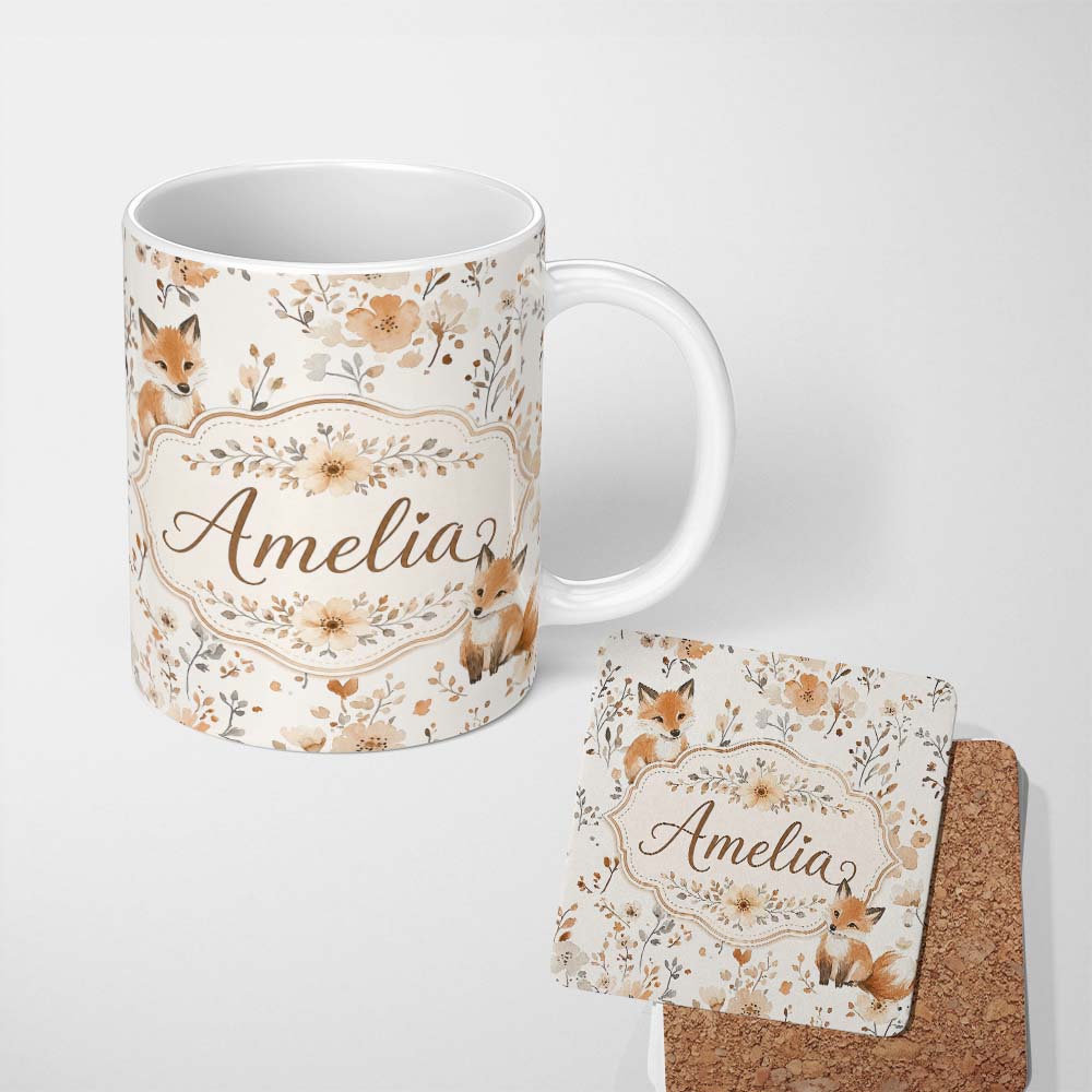 Personalized Custom Name Cute Fox Woodland Floral Seamless Pattern Name Unique Gift Lovely 11oz Ceramic Coffee Tea Mug White Large Handle