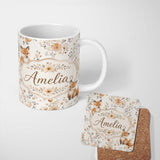 Personalized Custom Name Cute Fox Woodland Floral Seamless Pattern Name Unique Gift Lovely 11oz Ceramic Coffee Tea Mug White Large Handle