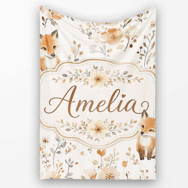 Cute Fox Woodland Floral Seamless Pattern Name Unique Gift Lovely  Personalised Custom Name Super Soft Fleece Blanket Bed Sofa Throw