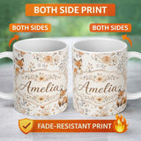 Personalized Custom Name Cute Fox Woodland Floral Seamless Pattern Name Unique Gift Lovely 11oz Ceramic Coffee Tea Mug White Large Handle