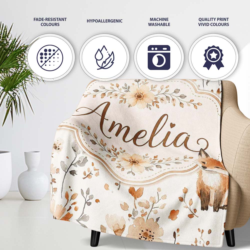 Cute Fox Woodland Floral Seamless Pattern Name Unique Gift Lovely  Personalised Custom Name Super Soft Fleece Blanket Bed Sofa Throw