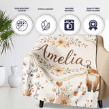 Cute Fox Woodland Floral Seamless Pattern Name Unique Gift Lovely  Personalised Custom Name Super Soft Fleece Blanket Bed Sofa Throw