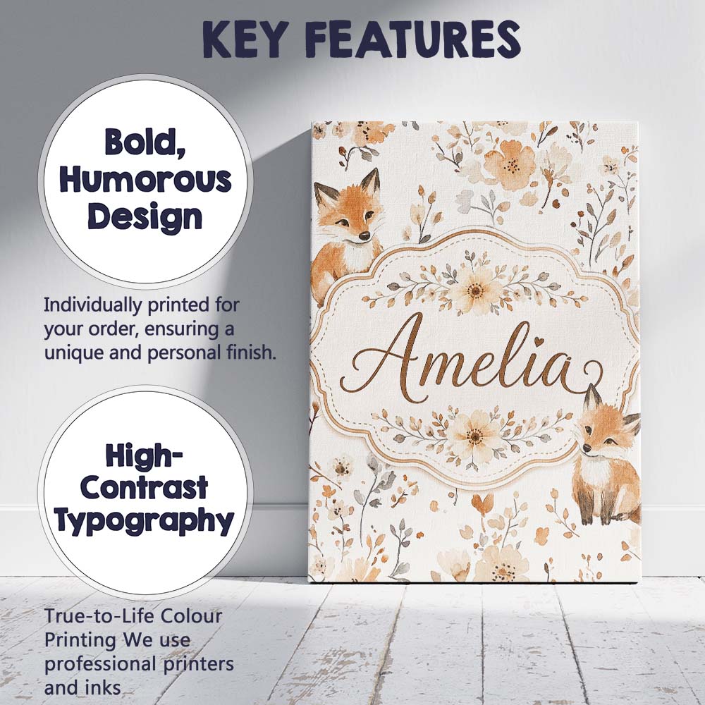 Personalised Name Cute Fox Woodland Floral Custom  Unique Gift Idea Elegant Feature Canvas Wall Art Print Decor Picture Ready to Hang