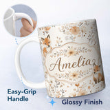 Personalized Custom Name Cute Fox Woodland Floral Seamless Pattern Name Unique Gift Lovely 11oz Ceramic Coffee Tea Mug White Large Handle