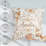 Custom Name Cute Fox Woodland Floral Seamless Pattern Name Gift Square Filled Cushion Throw Pillow Sofa Bed Home Decor Zip Washable UK Made