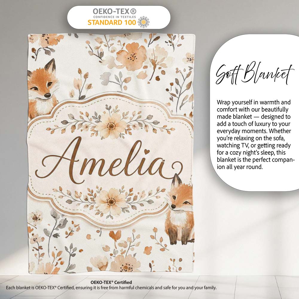Cute Fox Woodland Floral Seamless Pattern Name Unique Gift Lovely  Personalised Custom Name Super Soft Fleece Blanket Bed Sofa Throw