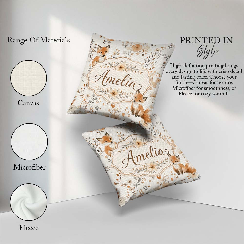 Custom Name Cute Fox Woodland Floral Seamless Pattern Name Gift Square Filled Cushion Throw Pillow Sofa Bed Home Decor Zip Washable UK Made