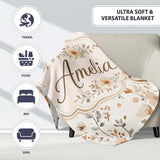 Cute Fox Woodland Floral Seamless Pattern Name Unique Gift Lovely  Personalised Custom Name Super Soft Fleece Blanket Bed Sofa Throw