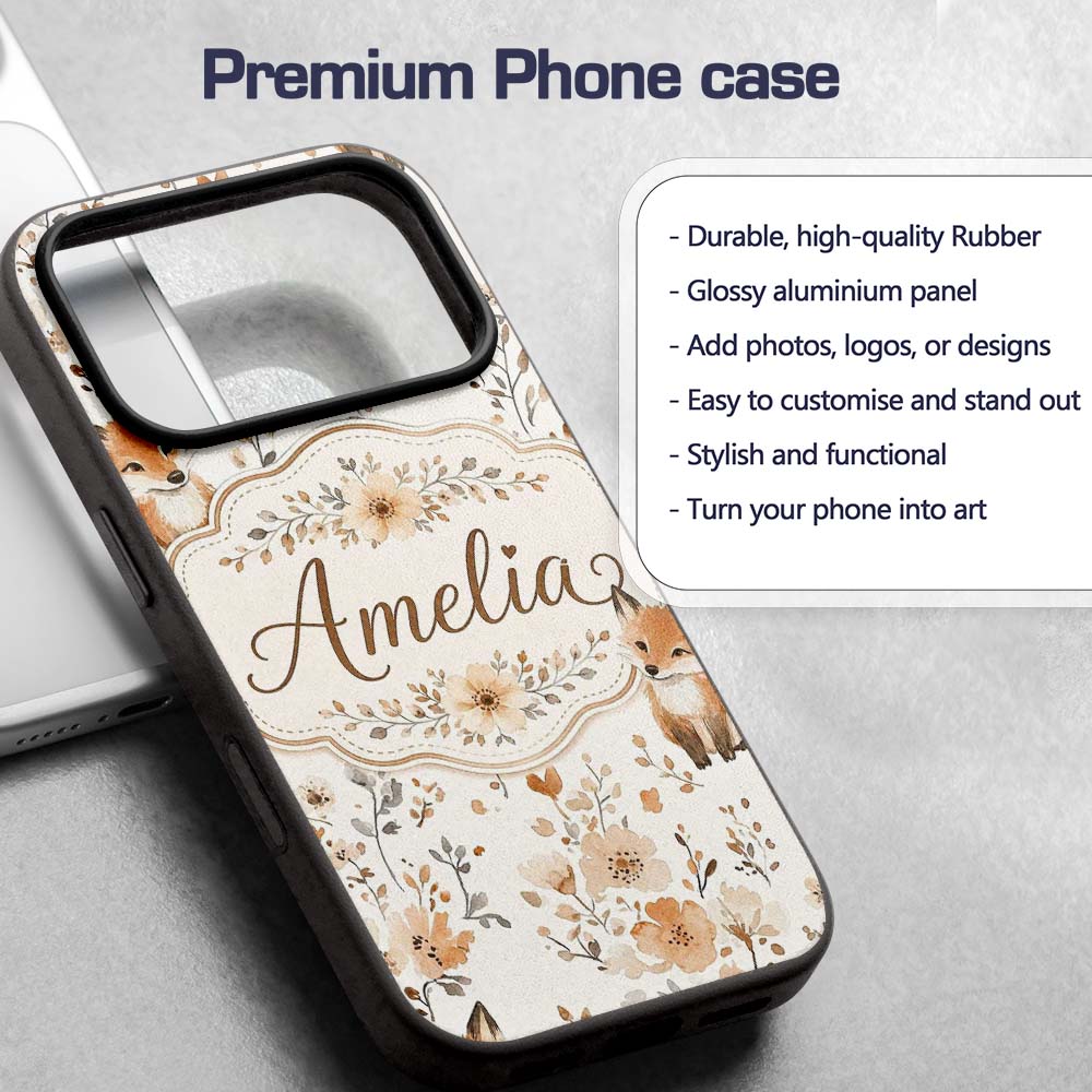 Cute Fox Woodland Floral Seamless Pattern Name Custom Name Protective Phone Case Mobile Cover Durable Everyday Smartphone Shock Resistant