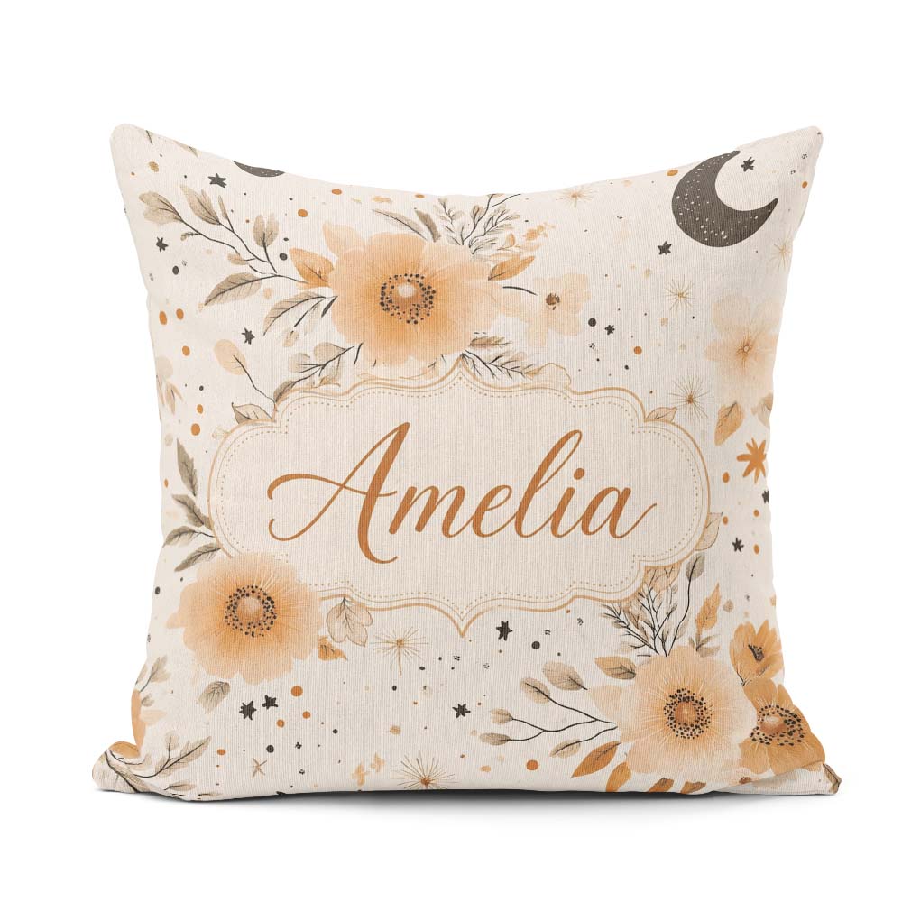 Custom Name Boho Floral Moon Stars Neutral Seamless Pattern Name Square Filled Cushion Throw Pillow Sofa Bed Home Decor Zip Washable UK Made