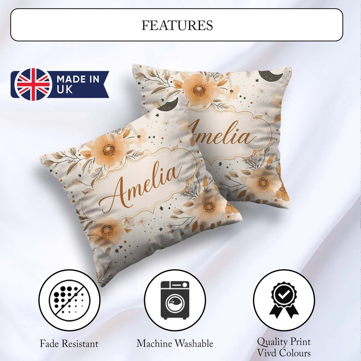 Custom Name Boho Floral Moon Stars Neutral Seamless Pattern Name Square Filled Cushion Throw Pillow Sofa Bed Home Decor Zip Washable UK Made