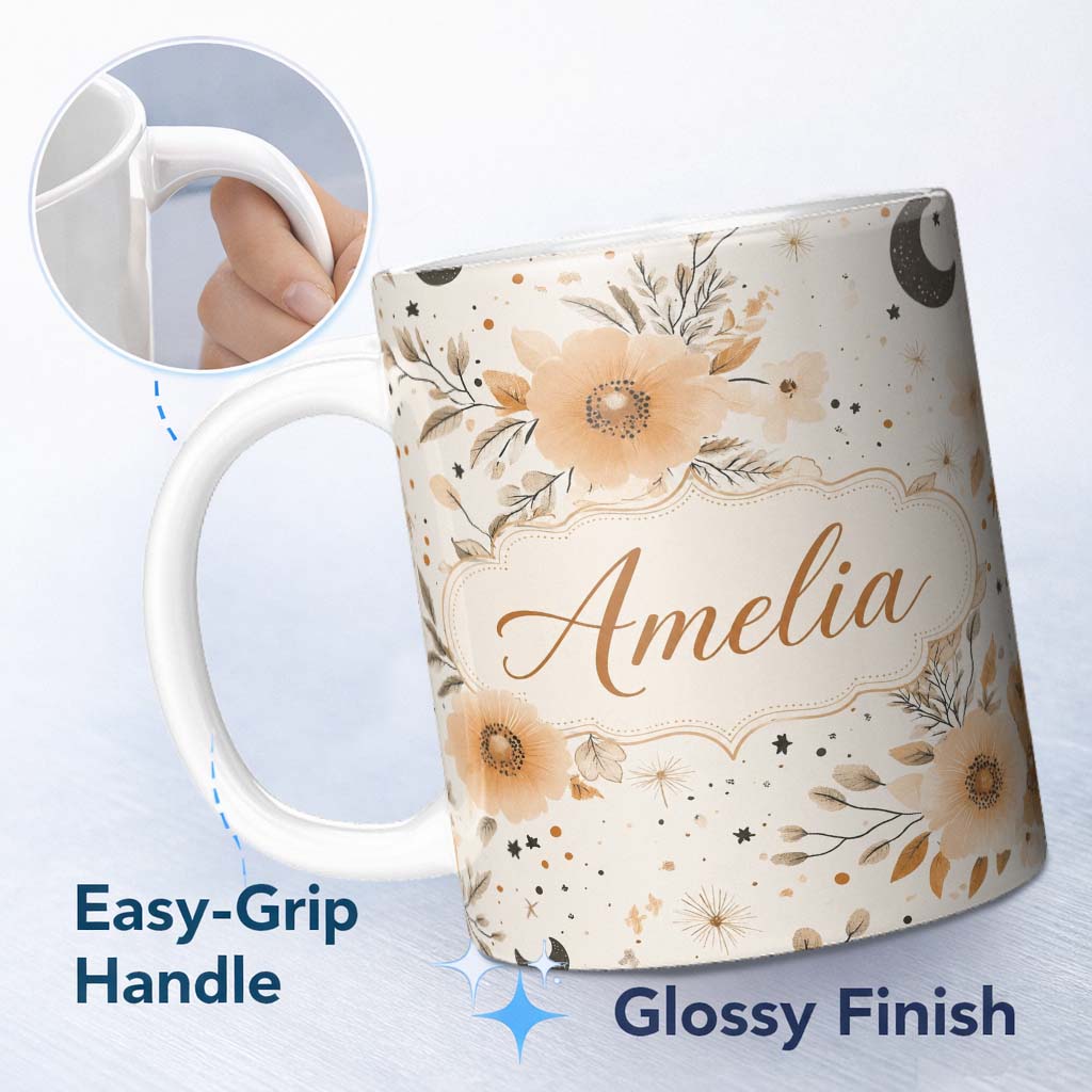 Personalized Custom Name Boho Floral Moon Stars Neutral Seamless Pattern Name Cute Unique 11oz Ceramic Coffee Tea Mug White Large Handle