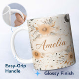 Personalized Custom Name Boho Floral Moon Stars Neutral Seamless Pattern Name Cute Unique 11oz Ceramic Coffee Tea Mug White Large Handle