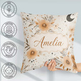 Custom Name Boho Floral Moon Stars Neutral Seamless Pattern Name Square Filled Cushion Throw Pillow Sofa Bed Home Decor Zip Washable UK Made