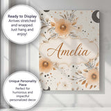 Personalised Name Boho Floral Moon Stars Custom  Unique Gift Idea Elegant Feature Canvas Wall Art Print Decor Picture Ready to Hang