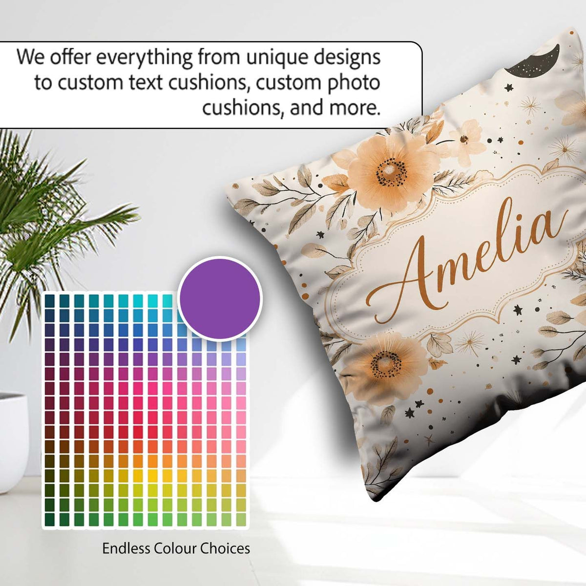 Custom Name Boho Floral Moon Stars Neutral Seamless Pattern Name Square Filled Cushion Throw Pillow Sofa Bed Home Decor Zip Washable UK Made