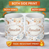 Personalized Custom Name Cute Smiling Clouds Pastel Floral Seamless Pattern Custom Name 11oz Ceramic Coffee Tea Mug White Large Handle