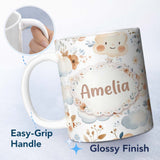 Personalized Custom Name Cute Smiling Clouds Pastel Floral Seamless Pattern Custom Name 11oz Ceramic Coffee Tea Mug White Large Handle
