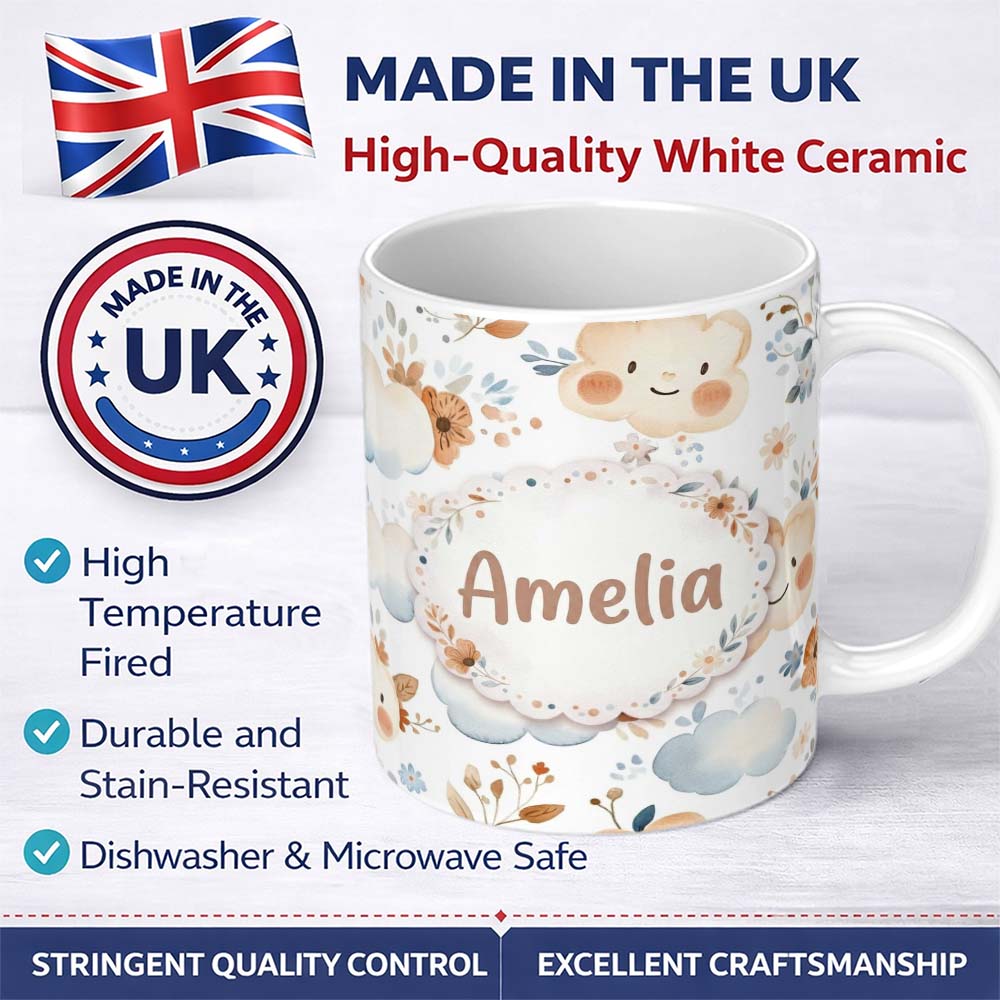 Personalized Custom Name Cute Smiling Clouds Pastel Floral Seamless Pattern Custom Name 11oz Ceramic Coffee Tea Mug White Large Handle