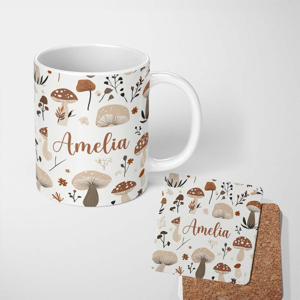Personalized Custom Name Neutral Mushroom Botanical Autumn Seamless Pattern Name Cute Unique 11oz Ceramic Coffee Tea Mug White Large Handle