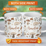 Personalized Custom Name Neutral Mushroom Botanical Autumn Seamless Pattern Name Cute Unique 11oz Ceramic Coffee Tea Mug White Large Handle
