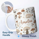 Personalized Custom Name Neutral Mushroom Botanical Autumn Seamless Pattern Name Cute Unique 11oz Ceramic Coffee Tea Mug White Large Handle