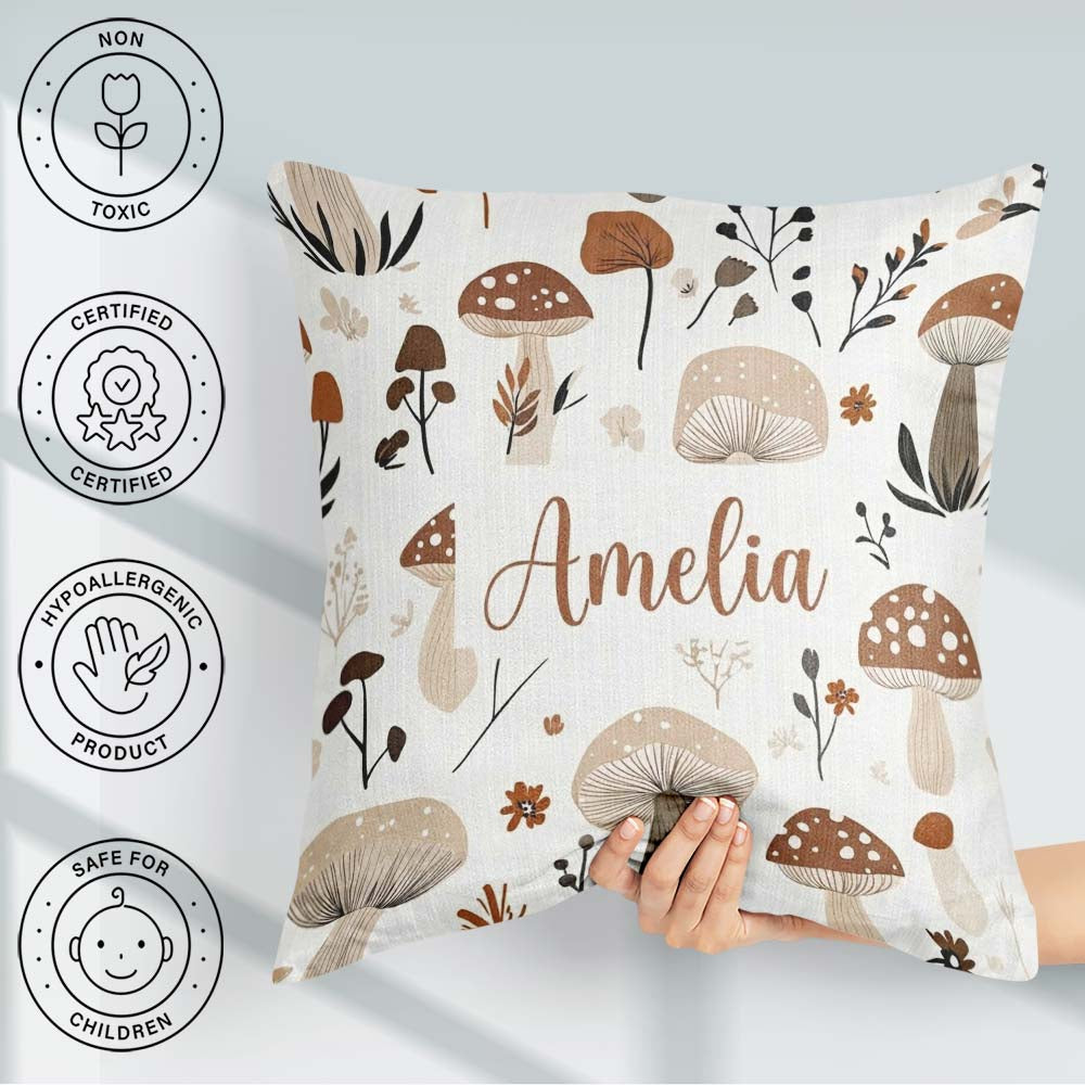 Custom Name Neutral Mushroom Botanical Autumn Seamless Name Cute Square Filled Cushion Throw Pillow Sofa Bed Home Decor Zip Washable UK Made