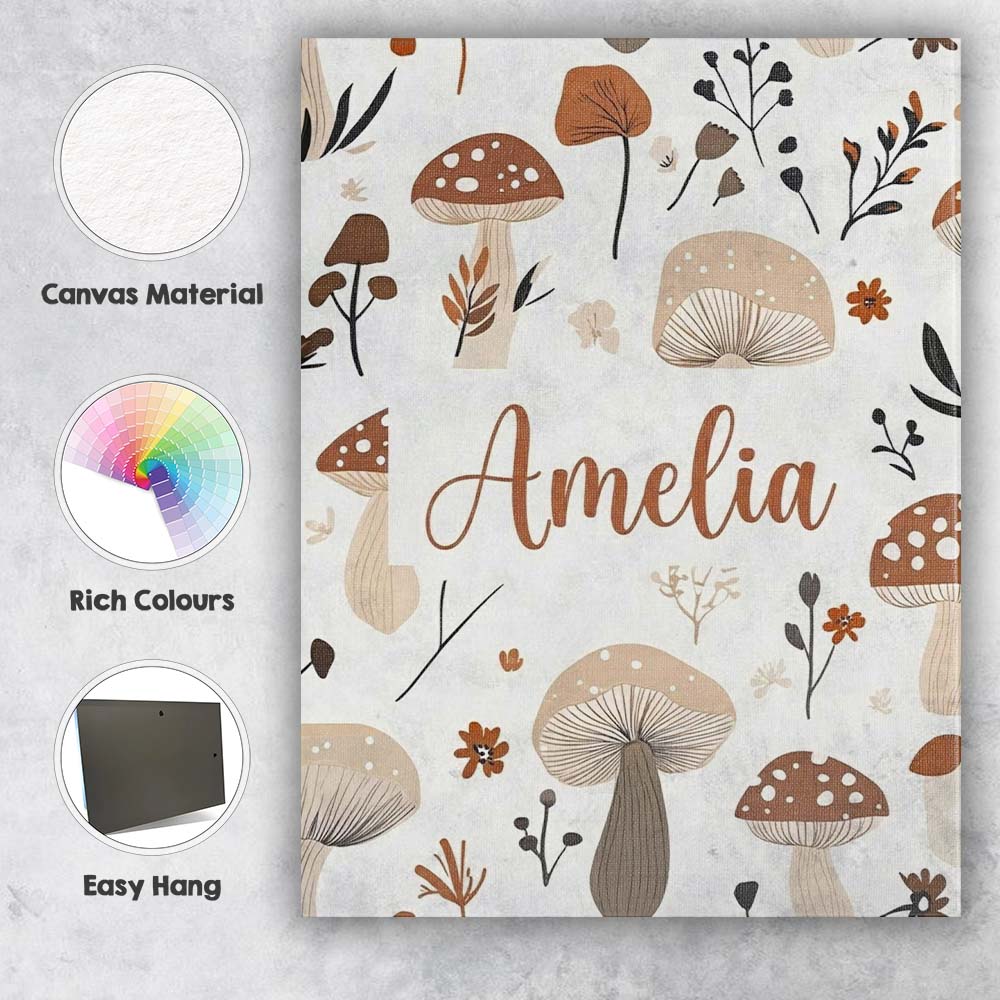 Personalised Name Neutral Mushroom Botanical Custom Bespoke  Contemporary Display Canvas Wall Art Print Decor Picture Ready to Hang