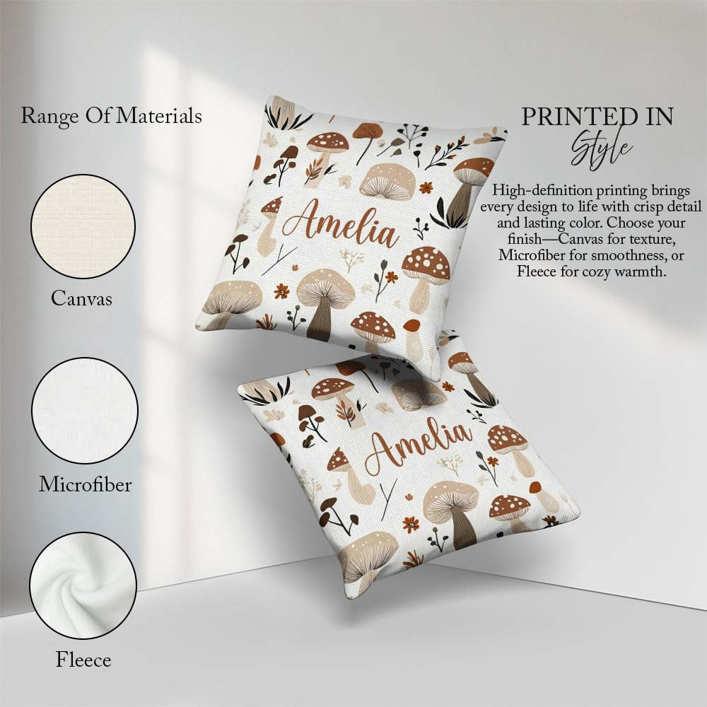 Custom Name Neutral Mushroom Botanical Autumn Seamless Name Cute Square Filled Cushion Throw Pillow Sofa Bed Home Decor Zip Washable UK Made