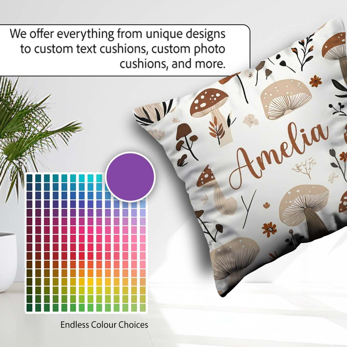 Custom Name Neutral Mushroom Botanical Autumn Seamless Name Cute Square Filled Cushion Throw Pillow Sofa Bed Home Decor Zip Washable UK Made